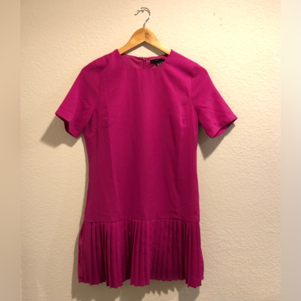 Pleated Hem Short Sleeve Magenta Mini Dress Sz Sm